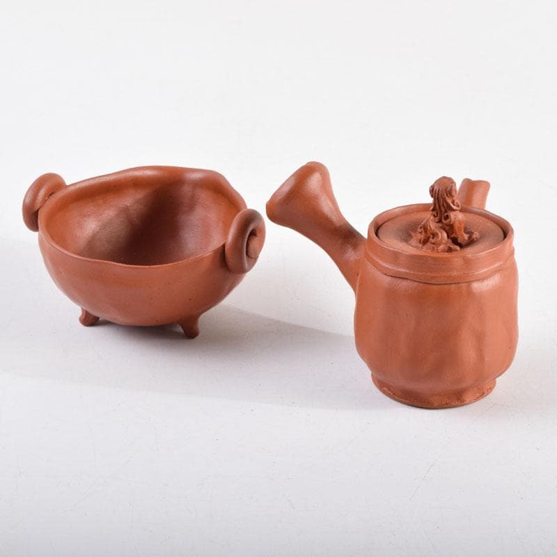 常滑焼　間野弥平作　朱泥　手捻り　小さな茶器揃　共布共箱　V　8964