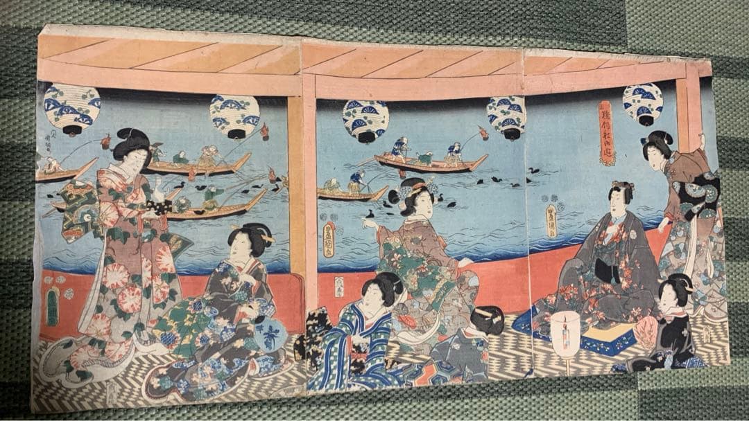 「真作」 豊国 木版画 浮世絵 真作 三枚続 美人画 役者絵 大判 江户