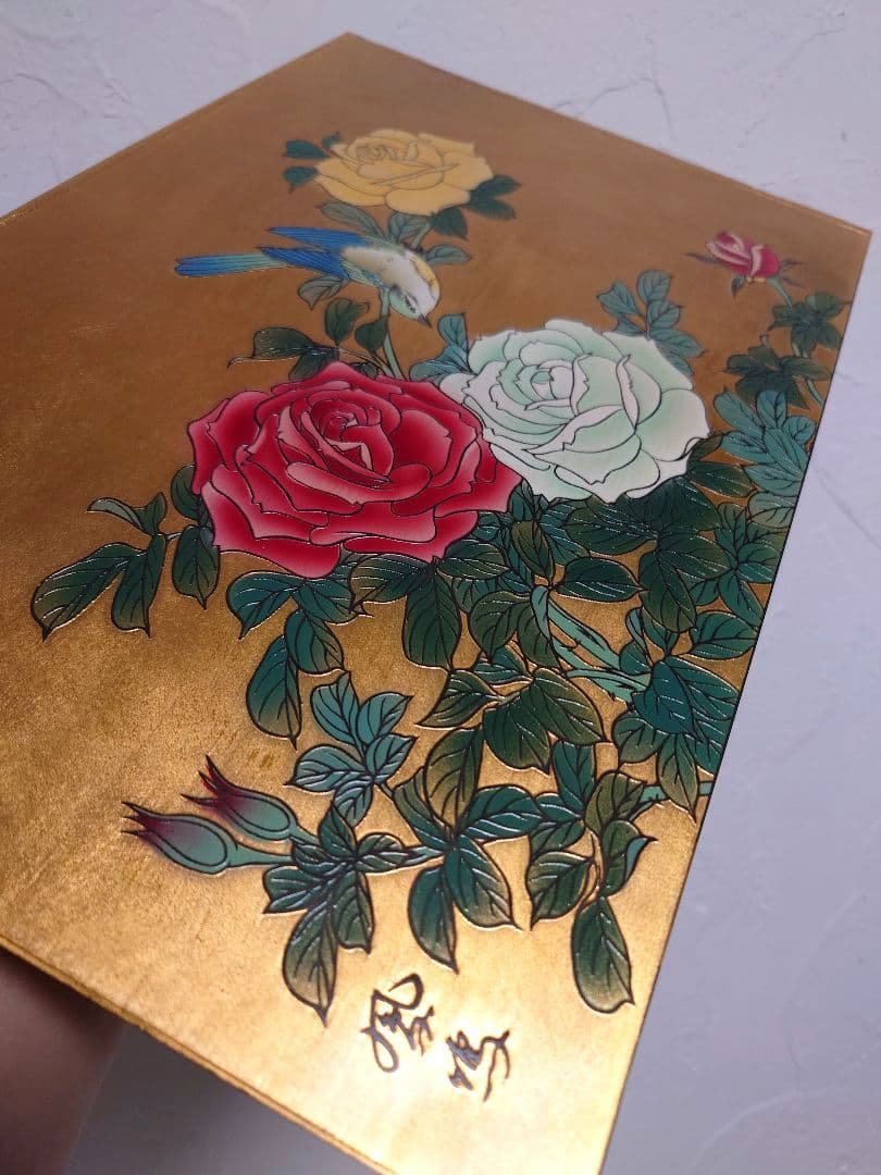宮越鳳鳴 加賀金箔七宝工芸彫 薔薇 バラ ばらroseローズ 鳥 銅板金工 彫金