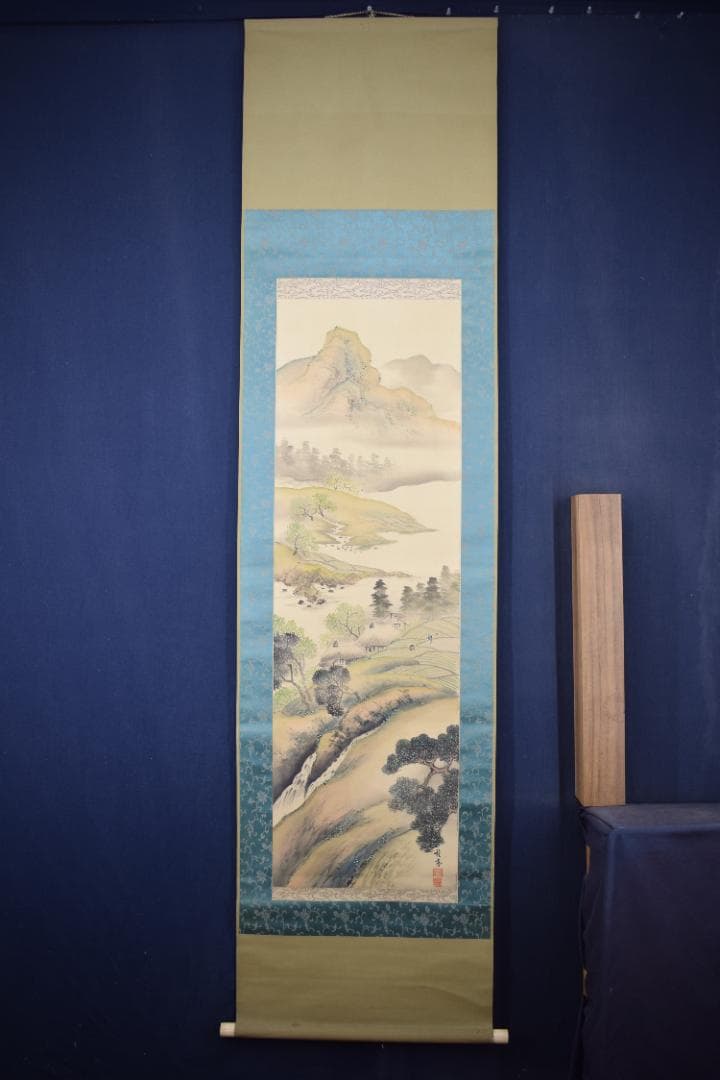 【真作】吉原雅鳳/春景山水図/農耕之図/青緑山水図/掛軸☆宝船☆Y-484　JM