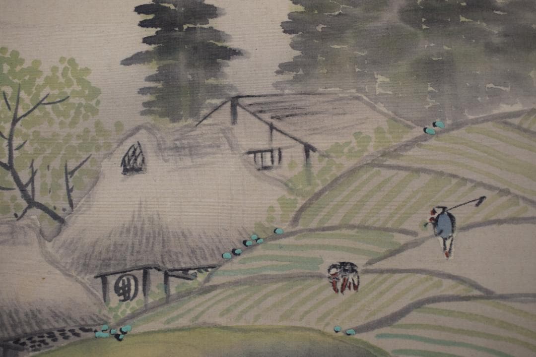 【真作】吉原雅鳳/春景山水図/農耕之図/青緑山水図/掛軸☆宝船☆Y-484　JM