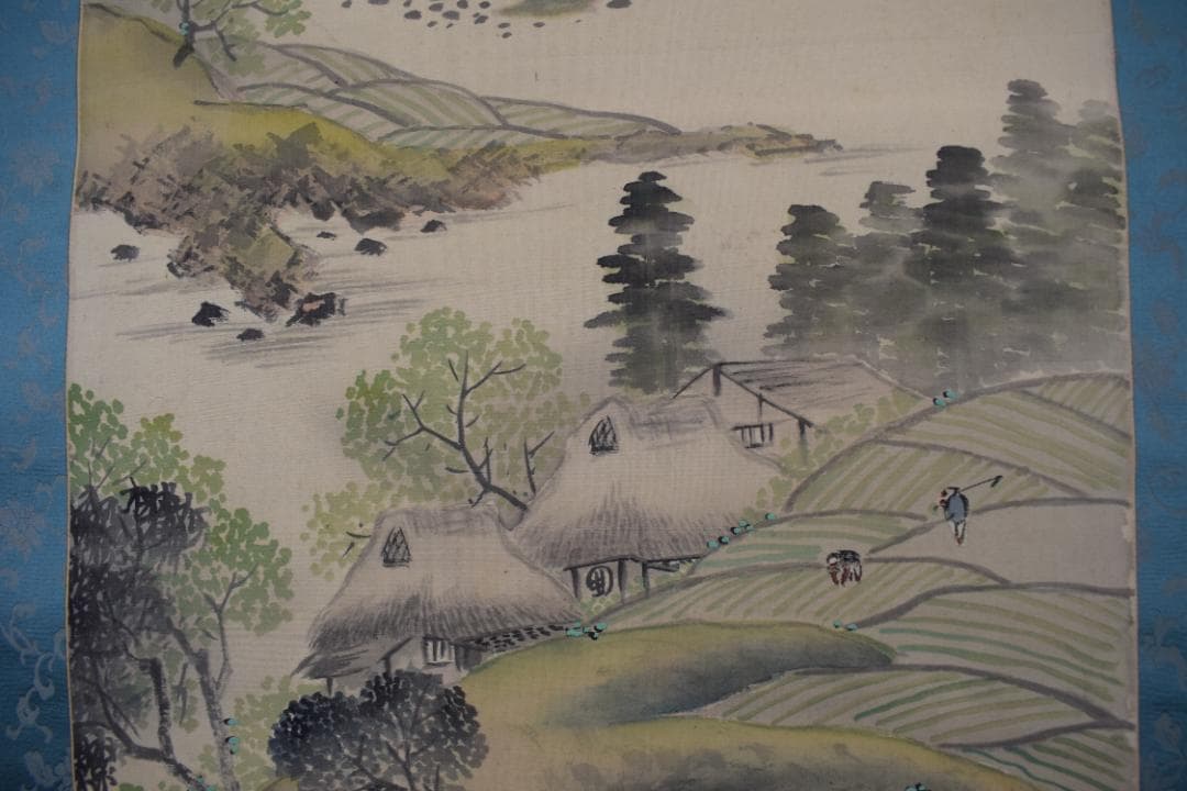 【真作】吉原雅鳳/春景山水図/農耕之図/青緑山水図/掛軸☆宝船☆Y-484　JM