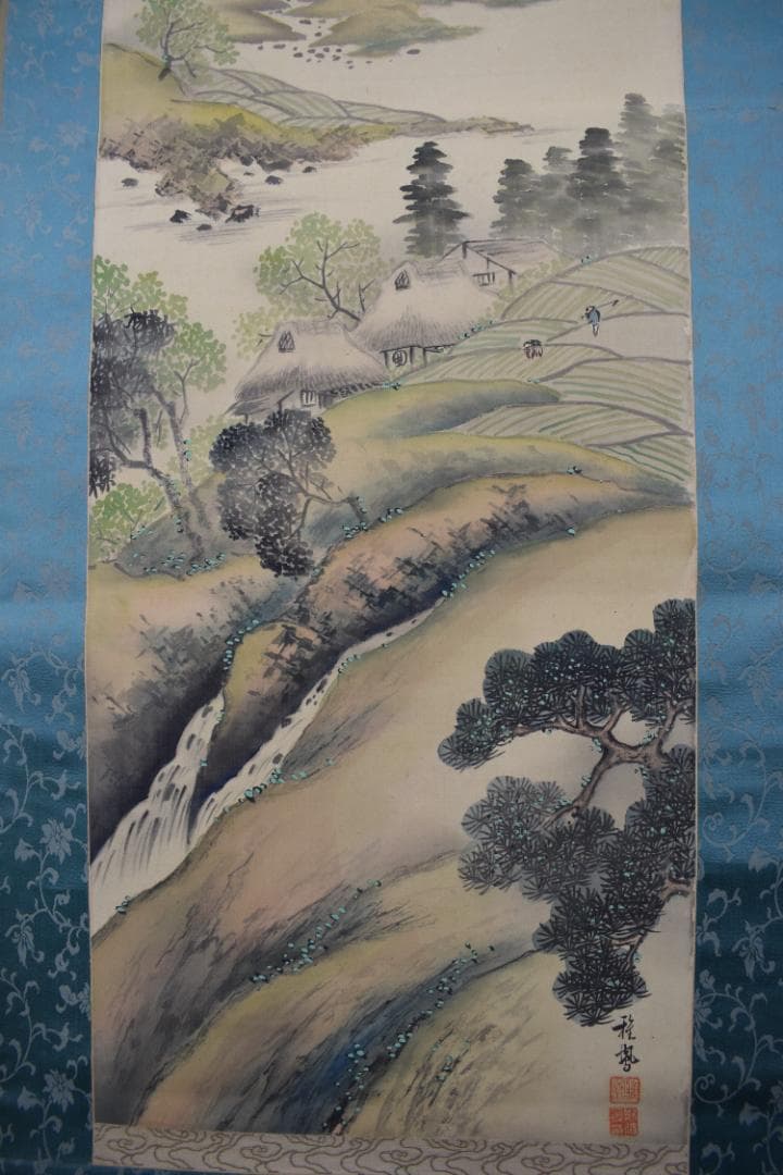 【真作】吉原雅鳳/春景山水図/農耕之図/青緑山水図/掛軸☆宝船☆Y-484　JM