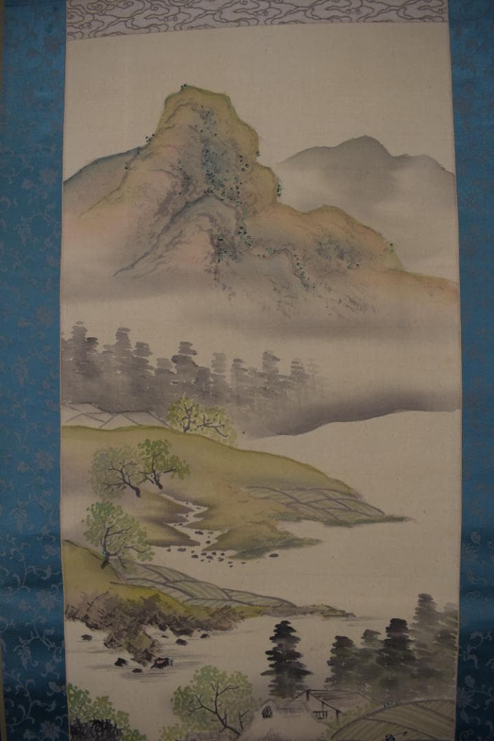 【真作】吉原雅鳳/春景山水図/農耕之図/青緑山水図/掛軸☆宝船☆Y-484　JM