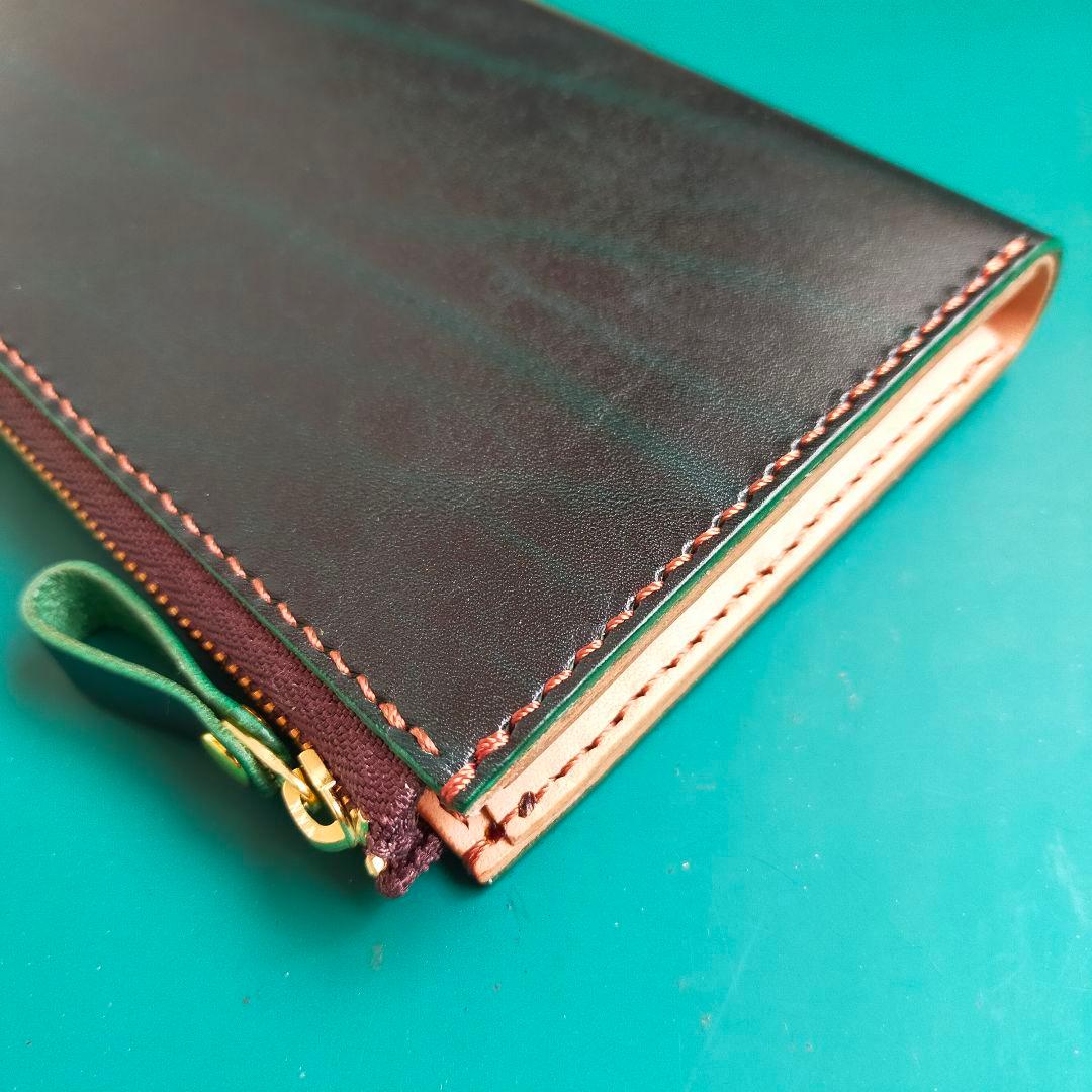 【かむ】ルガトショルダーグリーン　L字ファスナー長財布