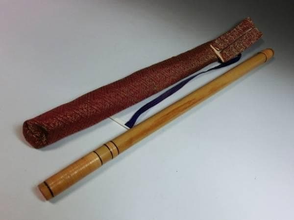 笛■獅子田 木製横笛「七」仕覆付 竹製藤巻 内側が朱塗り 時代物 骨董 古楽器■