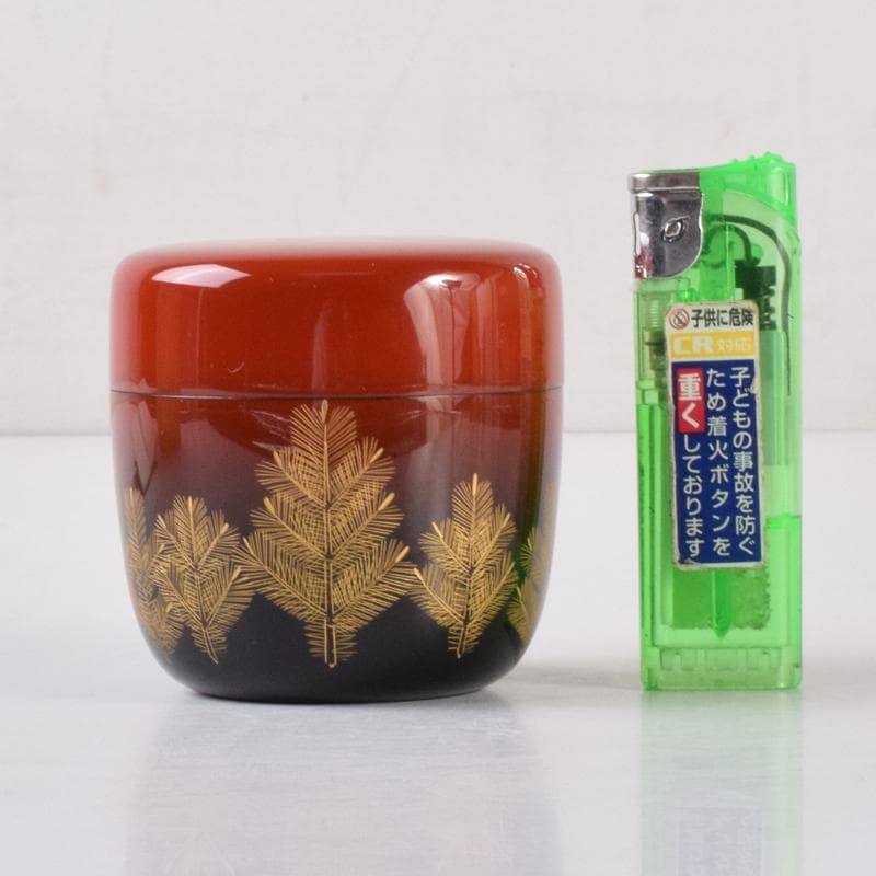 茶道具　輪島塗　前志芸男作　沈金若松鳥蒔絵　棗　共箱　V　7098