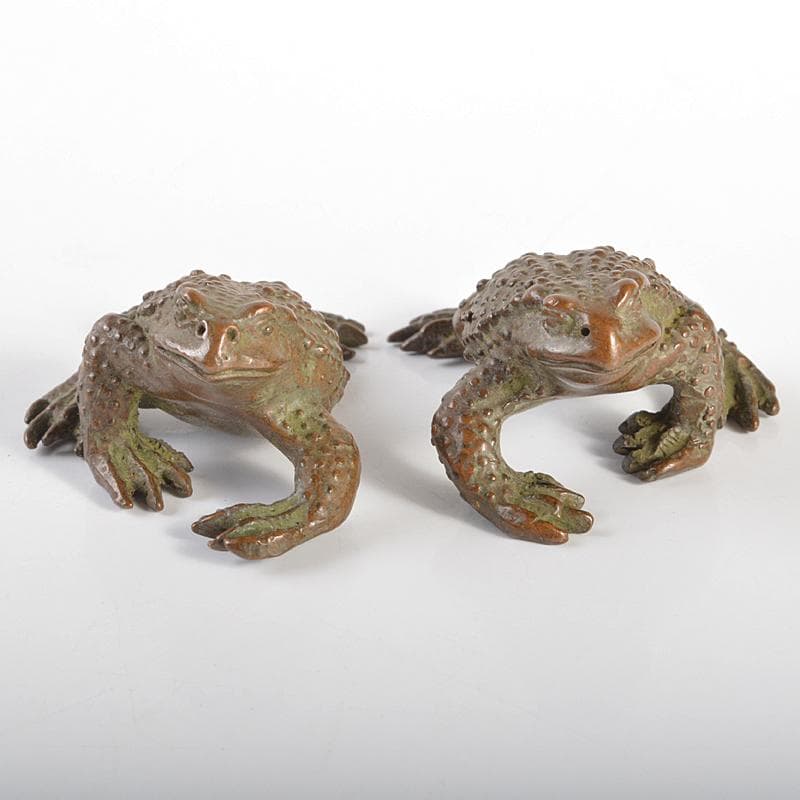 中国　古銅　蛙　紙鎮　置物　一對　C　R6733E