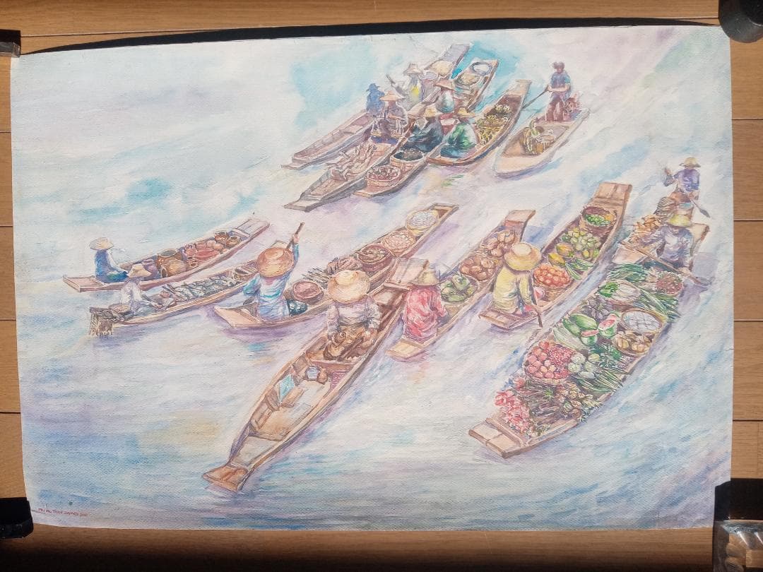 ミャンマーの水上マーケット（油絵）