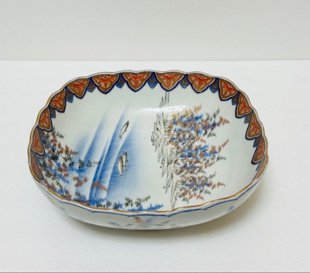 明治 香蘭社 有田焼 オールド香蘭社 代表意匠 色絵竹林鮎文 大鉢