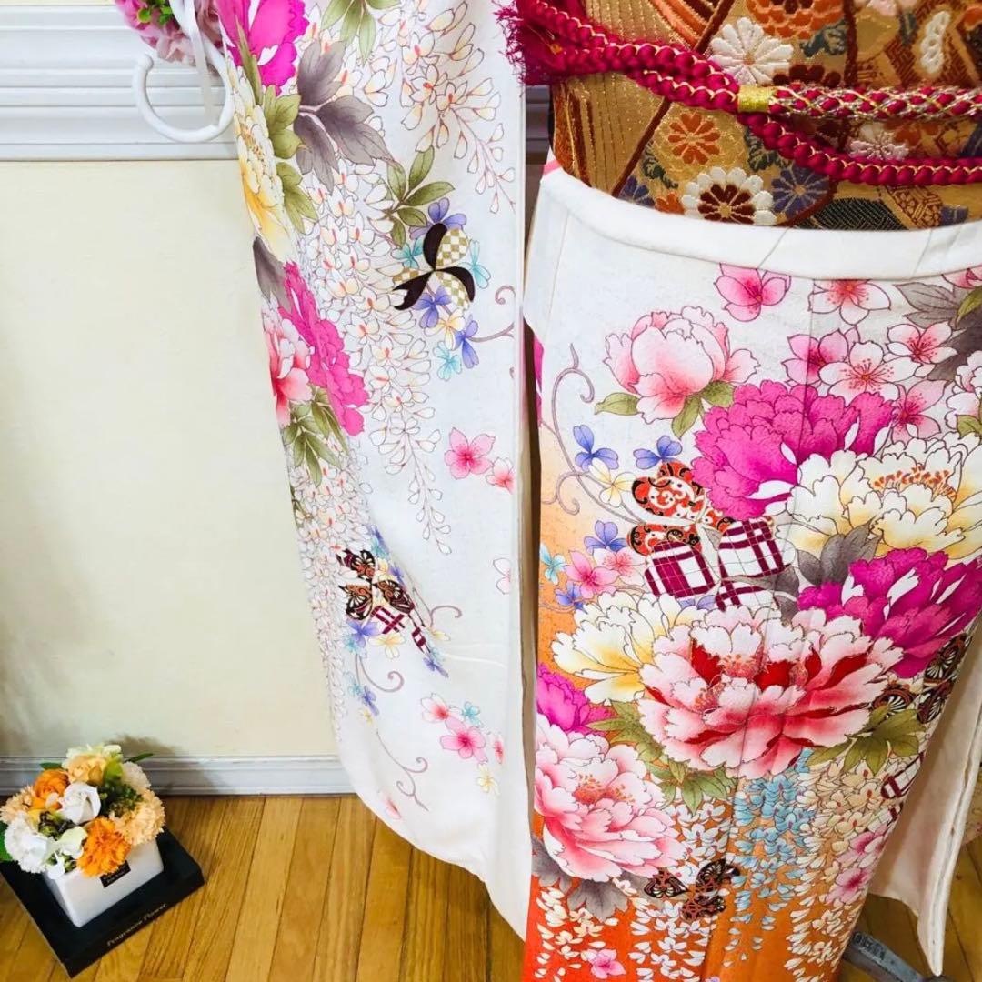 振袖フルセット‼️振袖ブランドLakokuIa❤️白地ピンク花々金彩 小物付 秀品‼️