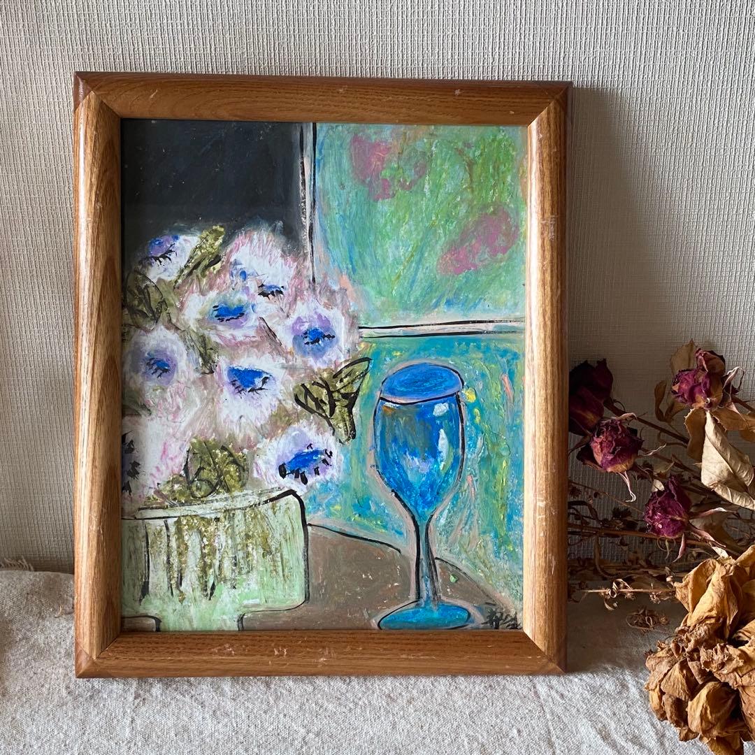 絵画 。壁掛け絵☆【そよ風が吹いてきて、窓の前の花がきれいでグラスがきれいだ】