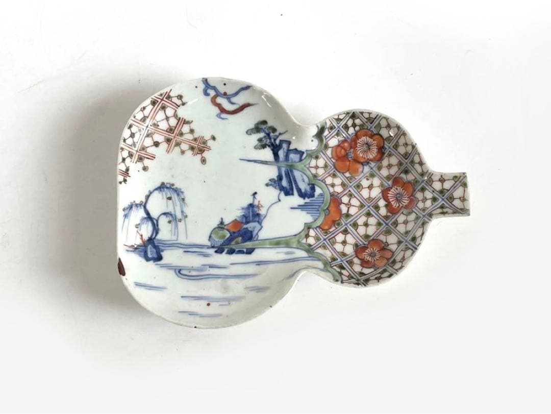 #2 骨董　アンティーク　色絵古九谷　色絵山水文瓢形向付　変形皿　古九谷