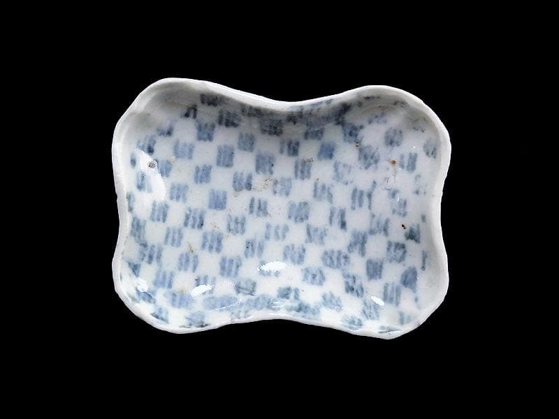 古伊万里　型刷印判　幾何学　市松紋様の図　変形皿　江戸期　AS-fbro