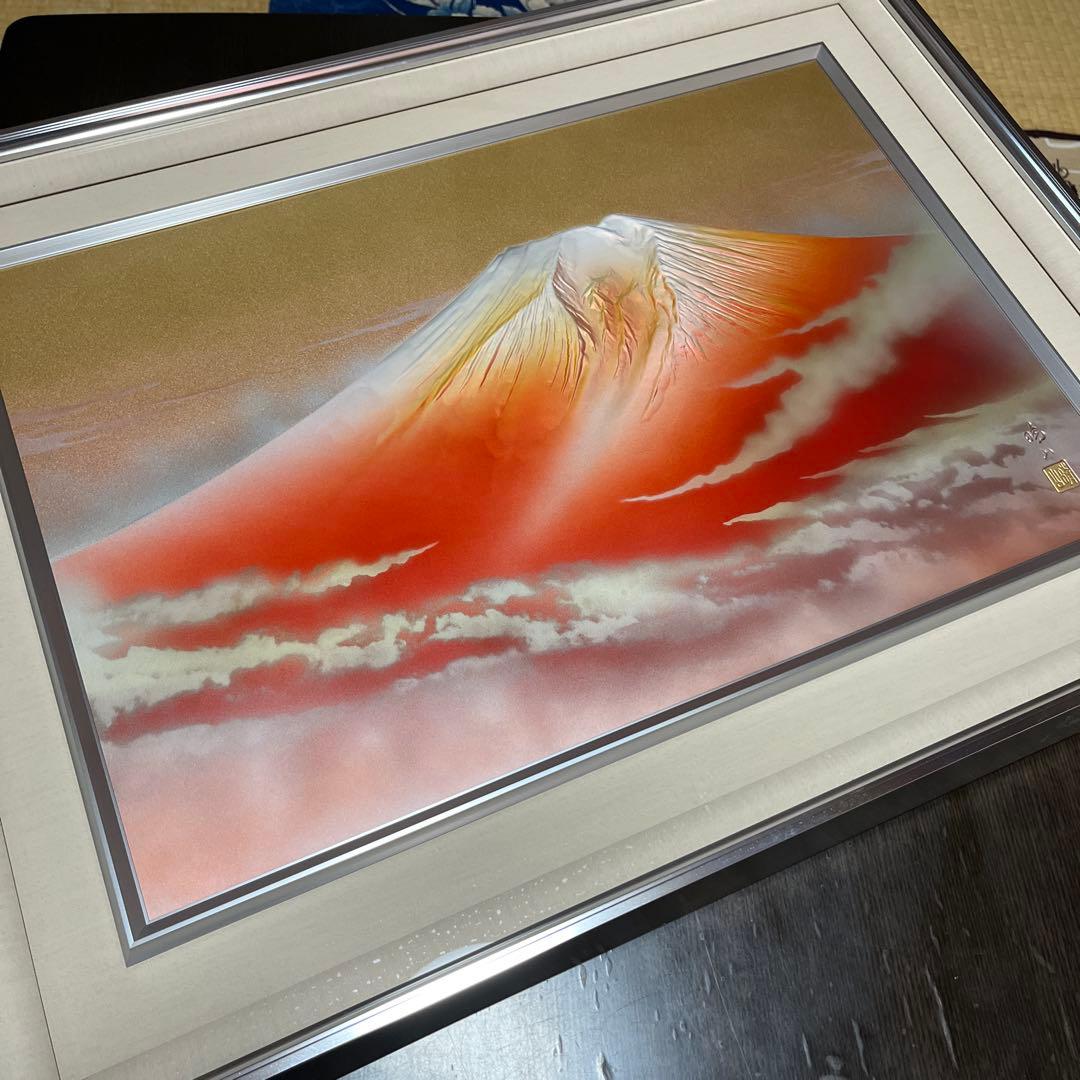 美芸彫金パネル 北晴山作 黎明赤富士 80cm 絵画 額縁 金属工芸 吉祥図