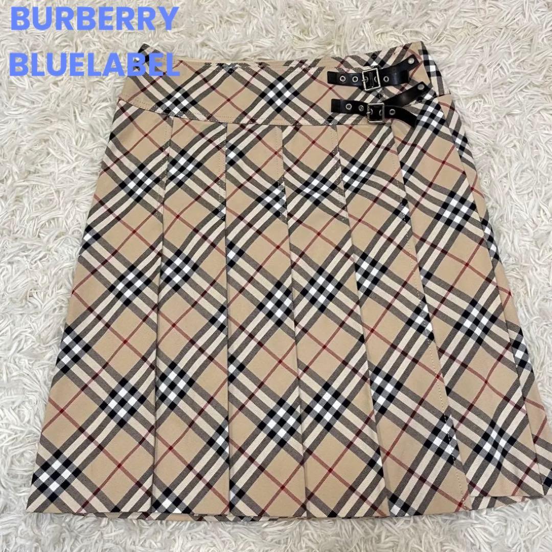 BURBERRY BLUELABELノバチェックプリーツラップスカート膝丈ベルト