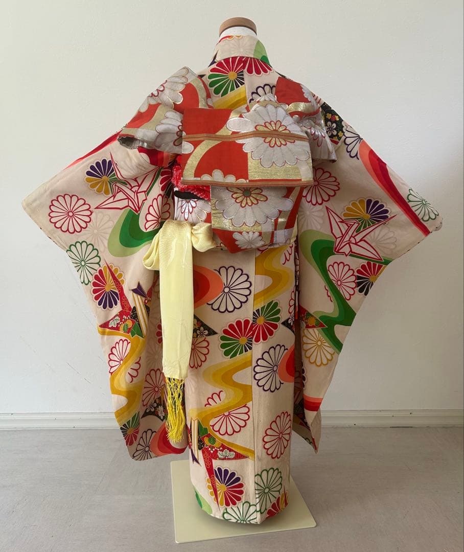 7歳　七五三　アンティーク正絹着物、帯、帯揚げ、帯締め　しごき