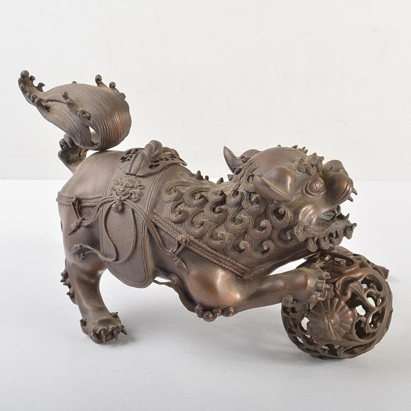 中国　古銅宣徳銅　玉乗り獅子　香炉　置物　Y　R7427