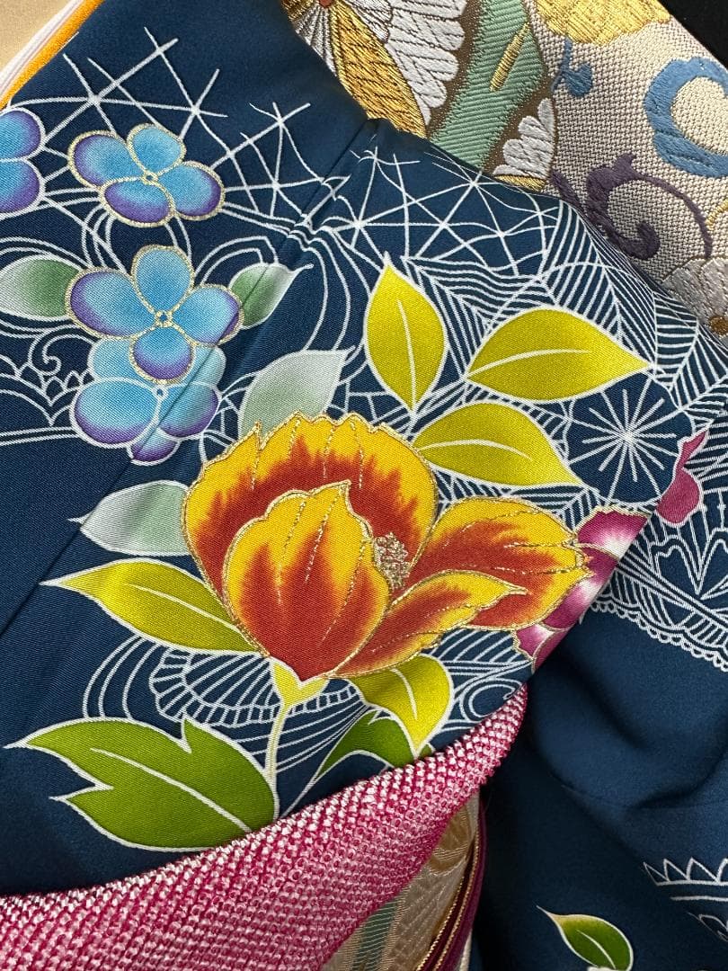 誰が袖好み 高島屋×千總 群青色 手描き友禅 振袖 落款あり