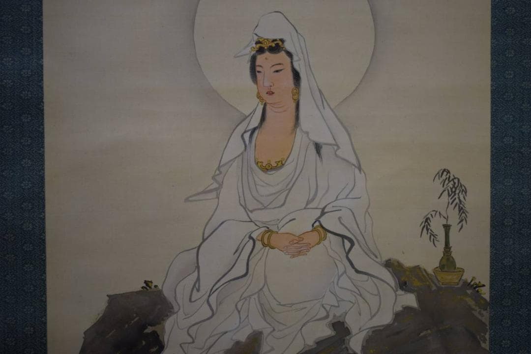 真作/岡田紫郊/岩上観音図/布袋屋掛軸HE-275