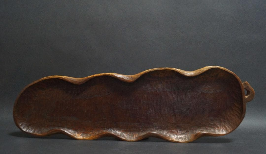 時代木彫 哲仙造 欅製 葉盆 一文字盆 刳り貫盆★美しい木目★長さ41㎝煎茶道具