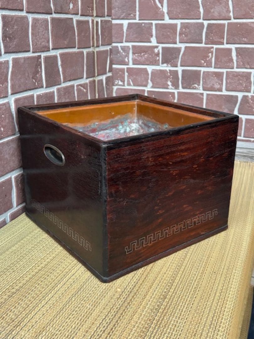 時代火道具 唐木 四方火鉢 紫檀瓶掛 角火鉢 銅おとし付 象嵌細工 旧家煎茶道具