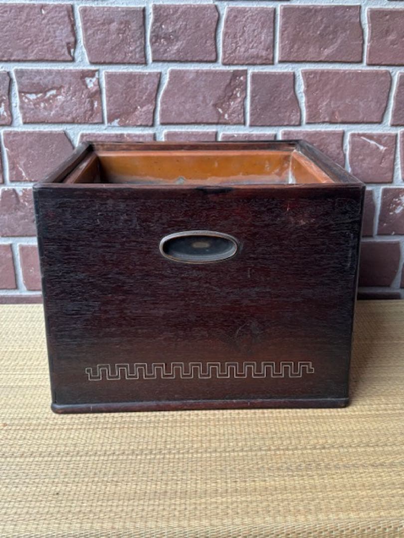 時代火道具 唐木 四方火鉢 紫檀瓶掛 角火鉢 銅おとし付 象嵌細工 旧家煎茶道具