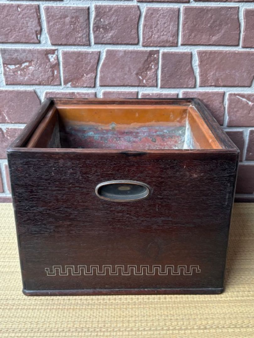 時代火道具 唐木 四方火鉢 紫檀瓶掛 角火鉢 銅おとし付 象嵌細工 旧家煎茶道具