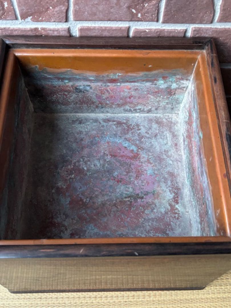 時代火道具 唐木 四方火鉢 紫檀瓶掛 角火鉢 銅おとし付 象嵌細工 旧家煎茶道具