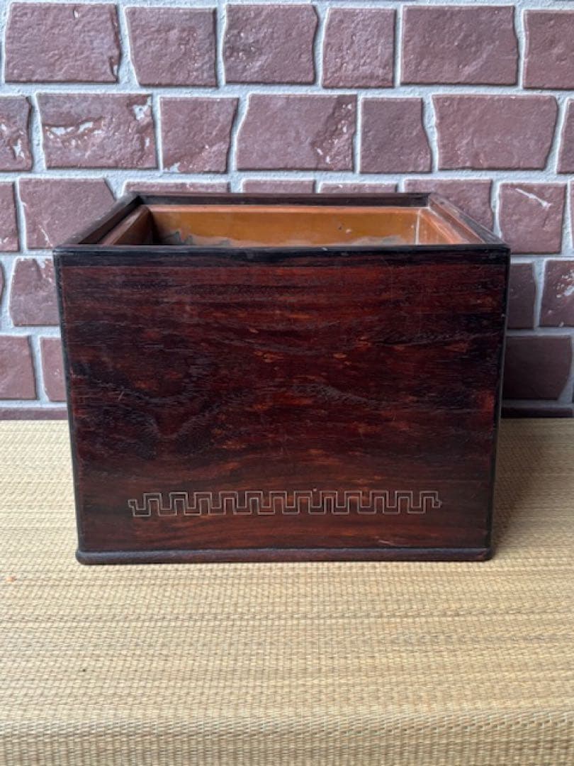 時代火道具 唐木 四方火鉢 紫檀瓶掛 角火鉢 銅おとし付 象嵌細工 旧家煎茶道具