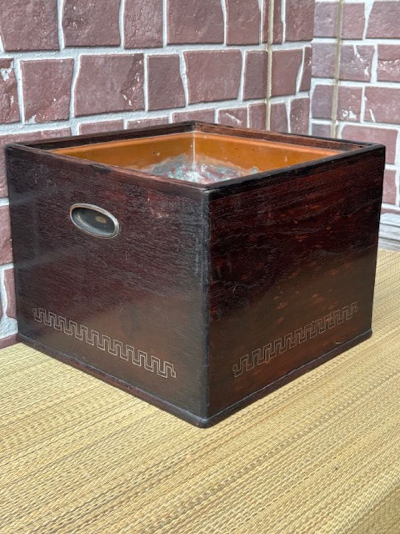 時代火道具 唐木 四方火鉢 紫檀瓶掛 角火鉢 銅おとし付 象嵌細工 旧家煎茶道具