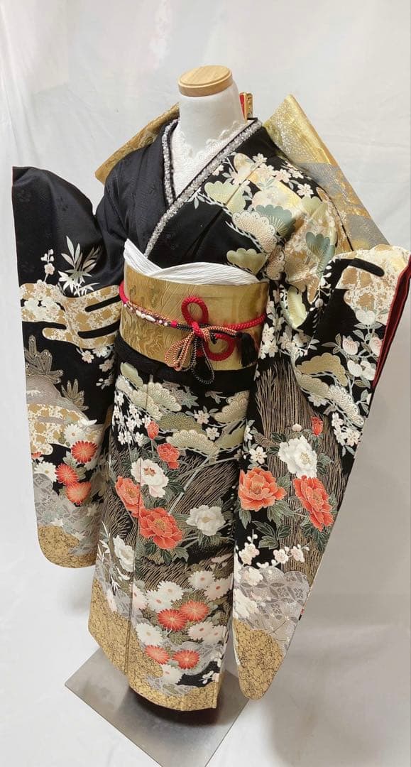 牡丹 菊 箔 金糸 黒 正絹 振袖 成人式　振袖6点セット　振袖フルセット