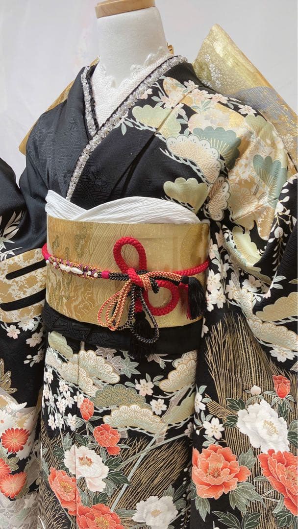 牡丹 菊 箔 金糸 黒 正絹 振袖 成人式　振袖6点セット　振袖フルセット