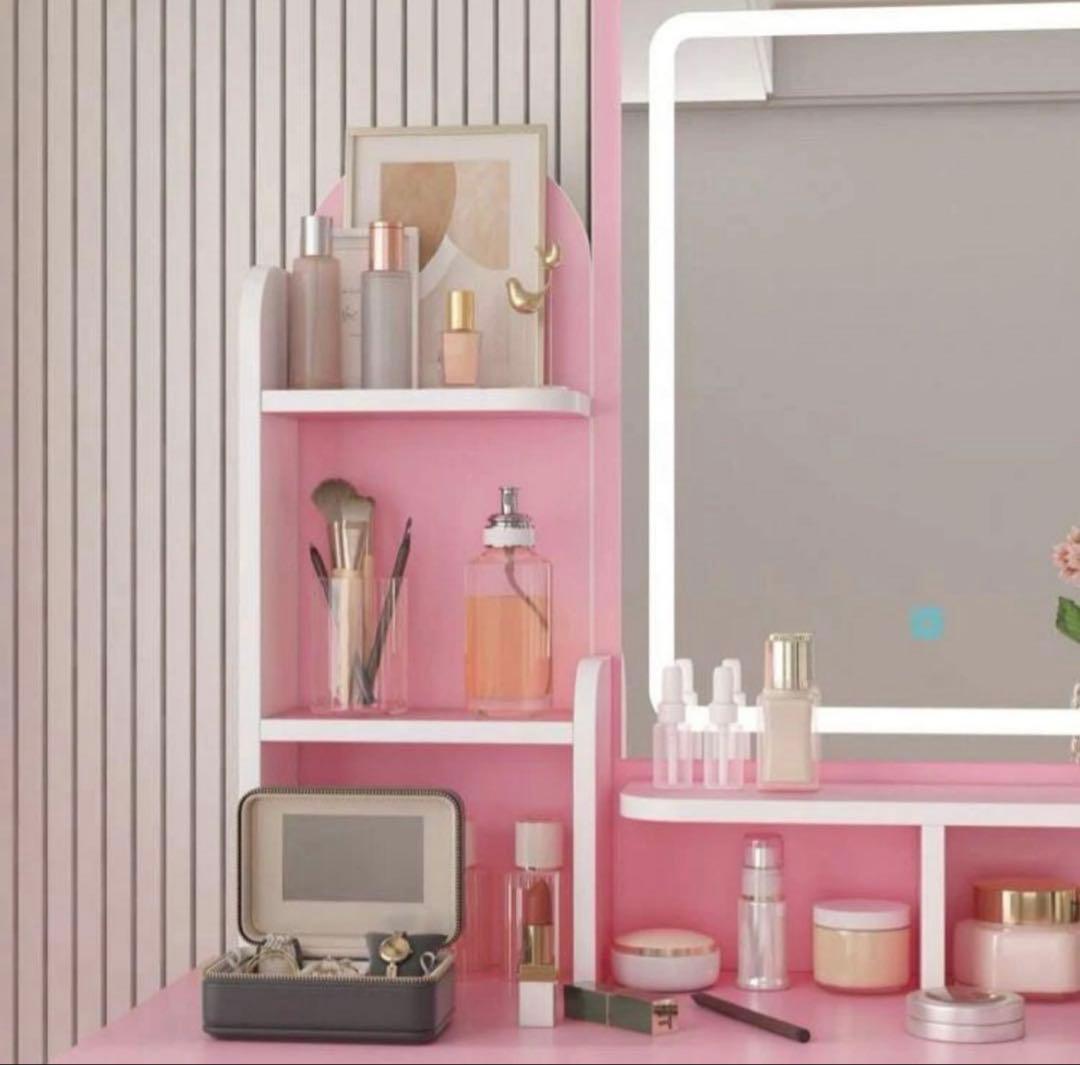 新品 ドレッサー LEDライト付き 鏡台 ピンク 大容量 化粧台