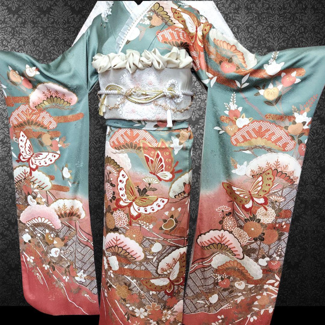 振袖フルセット(8点)・成人式・古典柄・金彩加工・くすみ・金駒刺繍・逸品