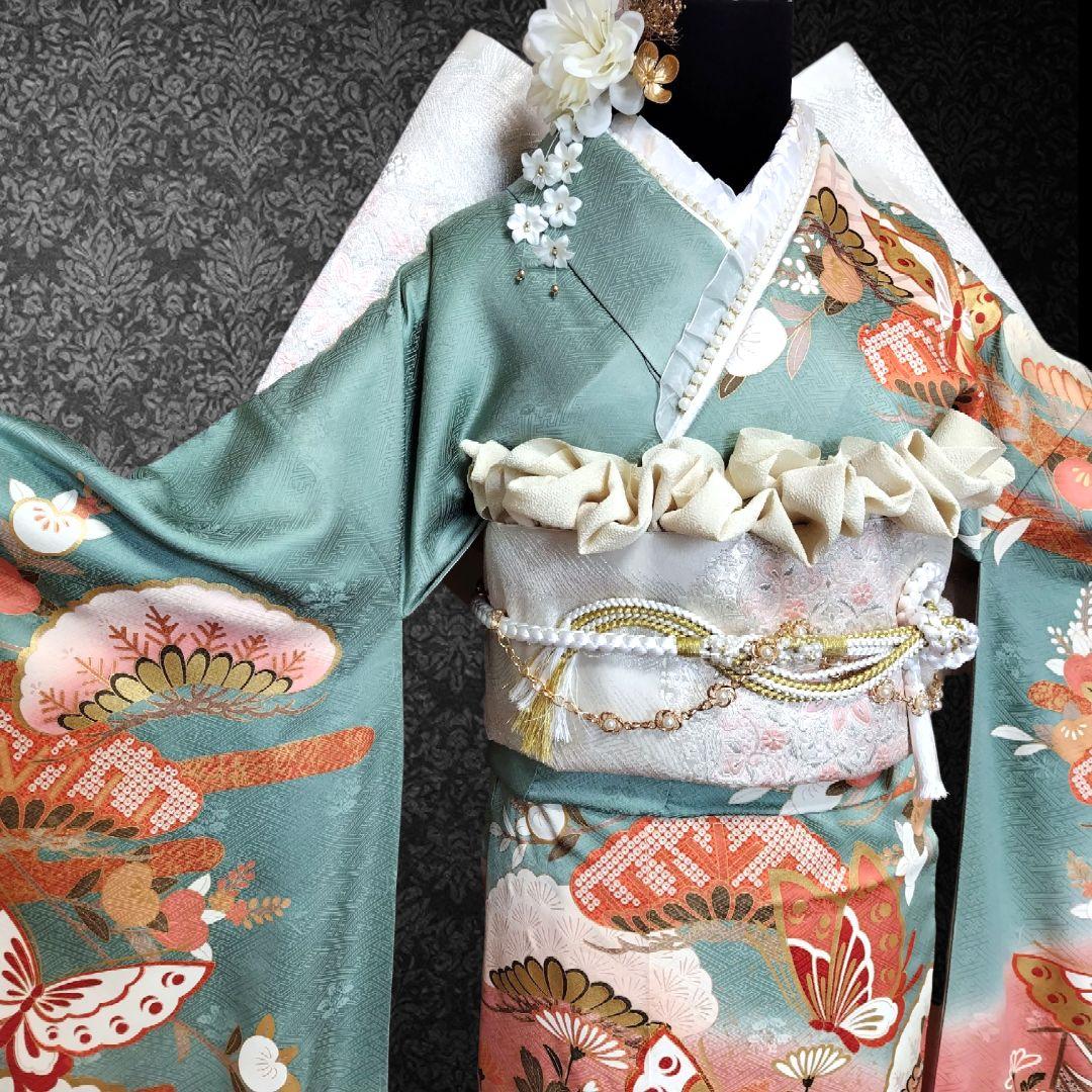 振袖フルセット(8点)・成人式・古典柄・金彩加工・くすみ・金駒刺繍・逸品