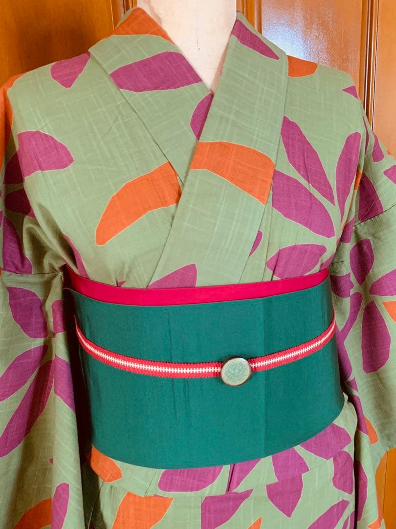 Sybilla シビラ　お花と葉っぱの浴衣と博多織の半幅帯と真田紐と帯留めセット