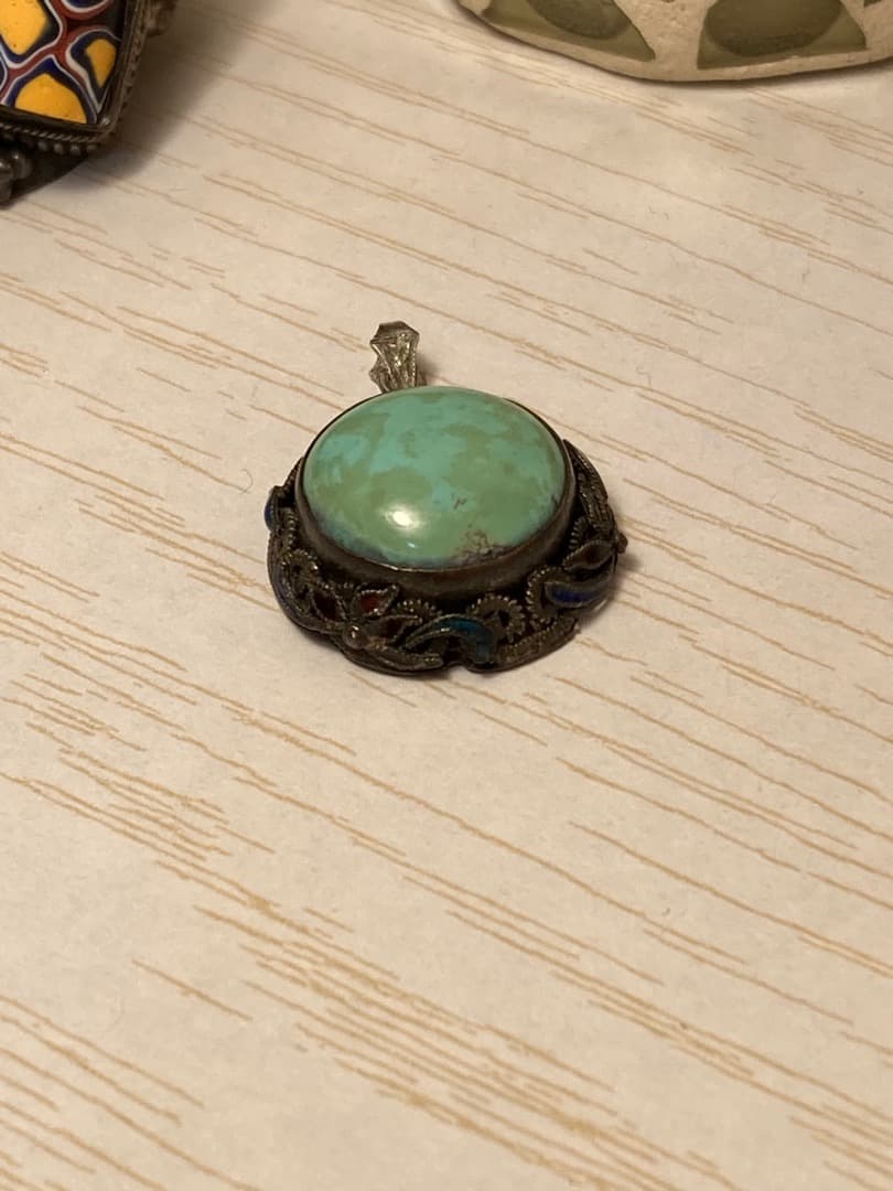 ヴィンテージ トルコ石 ターコイズ 七宝焼 ペンダントトップ 金彩？