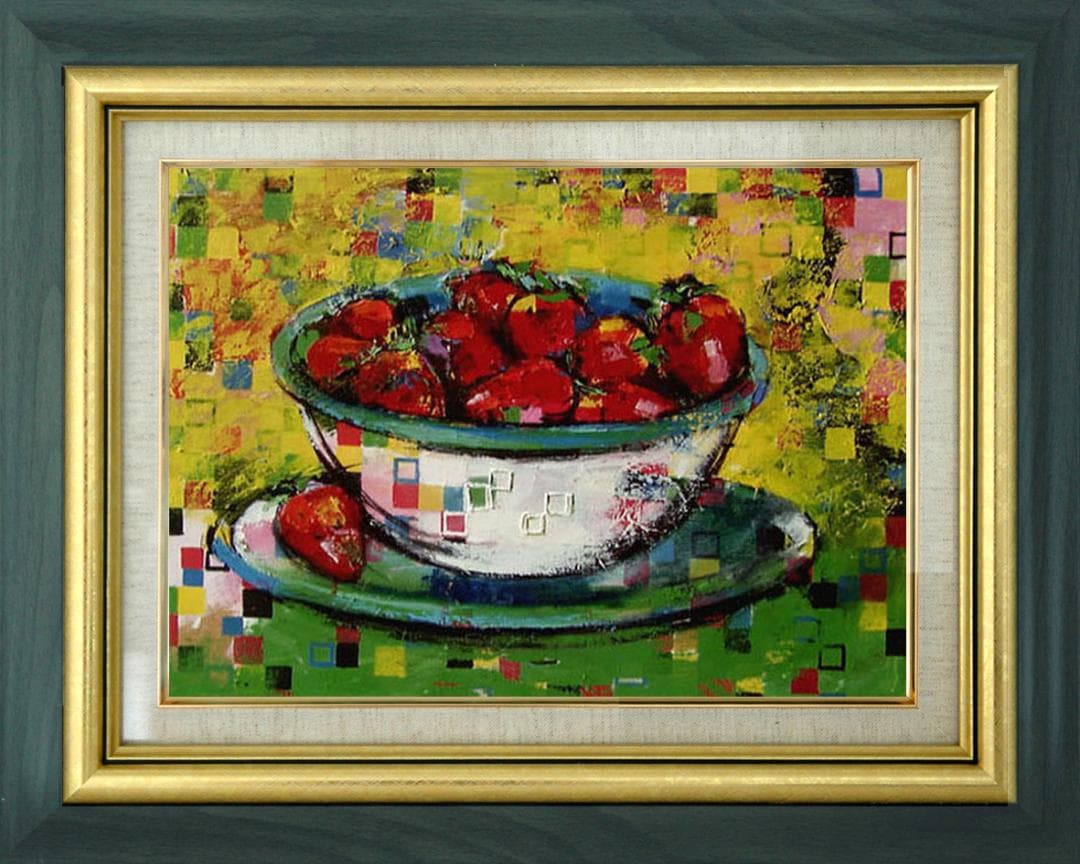 油絵 絵 絵画インテリア 額付(青緑＋金色の枠) uF6-061003 静物果物