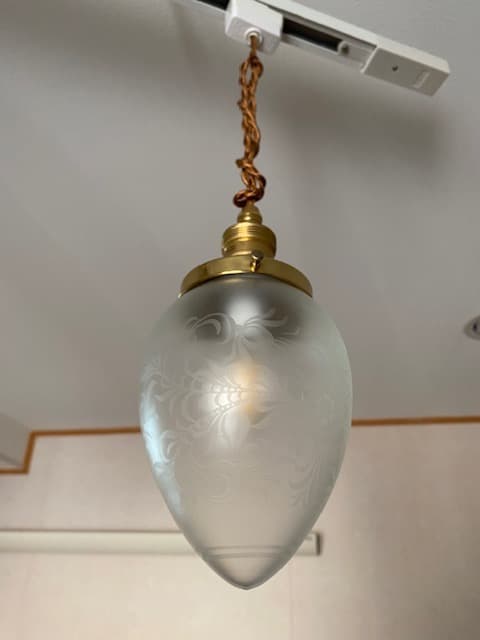 フランス　ビンテージ　エッチング装飾の卵型　ガラスランプ　シーリングライト