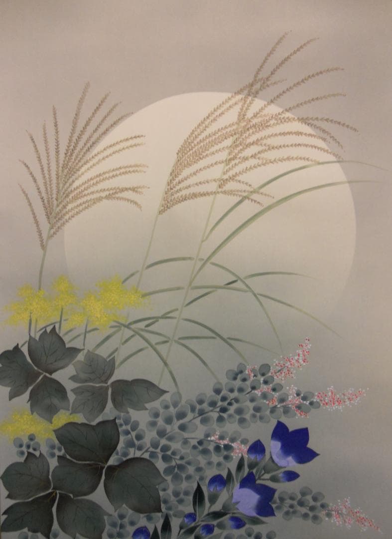 Popo掛け軸 川村観峰 秋草に鶉 うずら 絹本 希少 茶道具 掛軸 美品