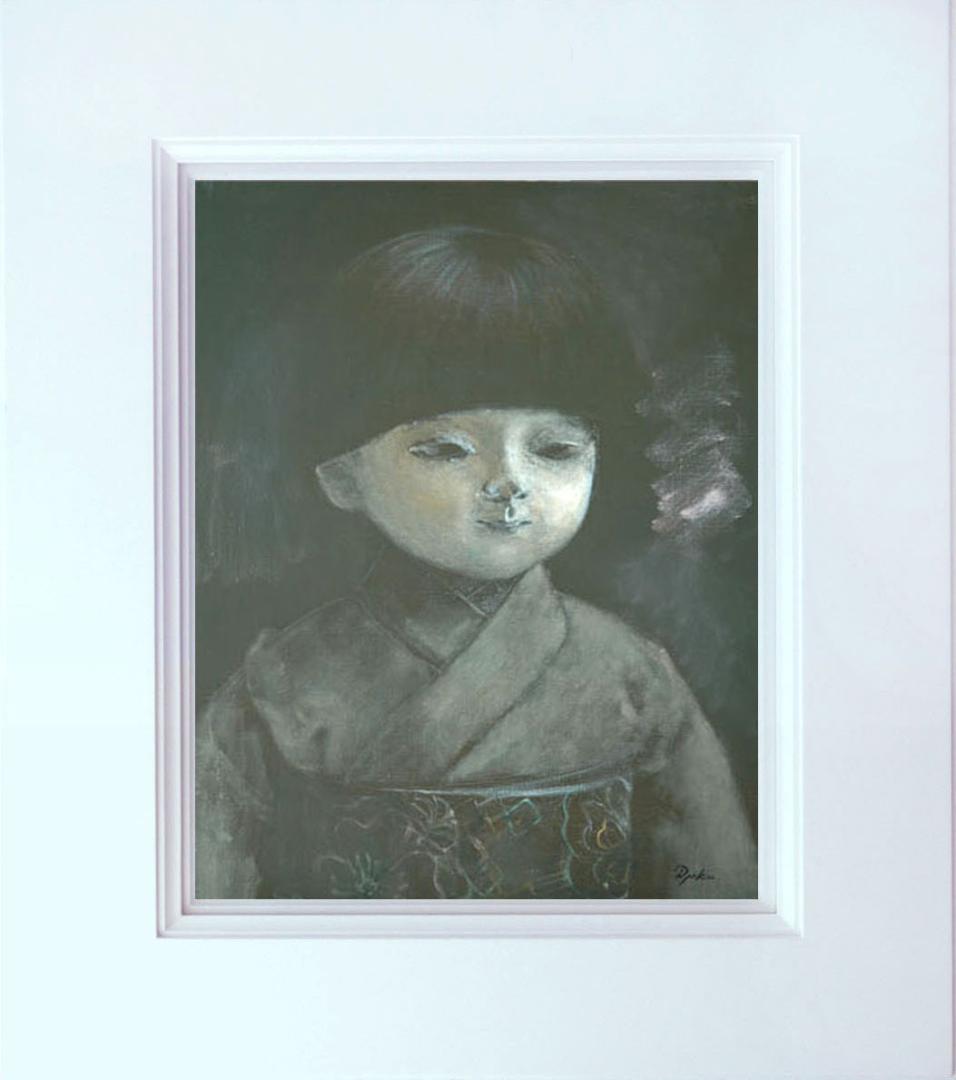 油絵 菅家令子 絵 絵画インテリア 額付(黒) F6-080118 市松日本人形