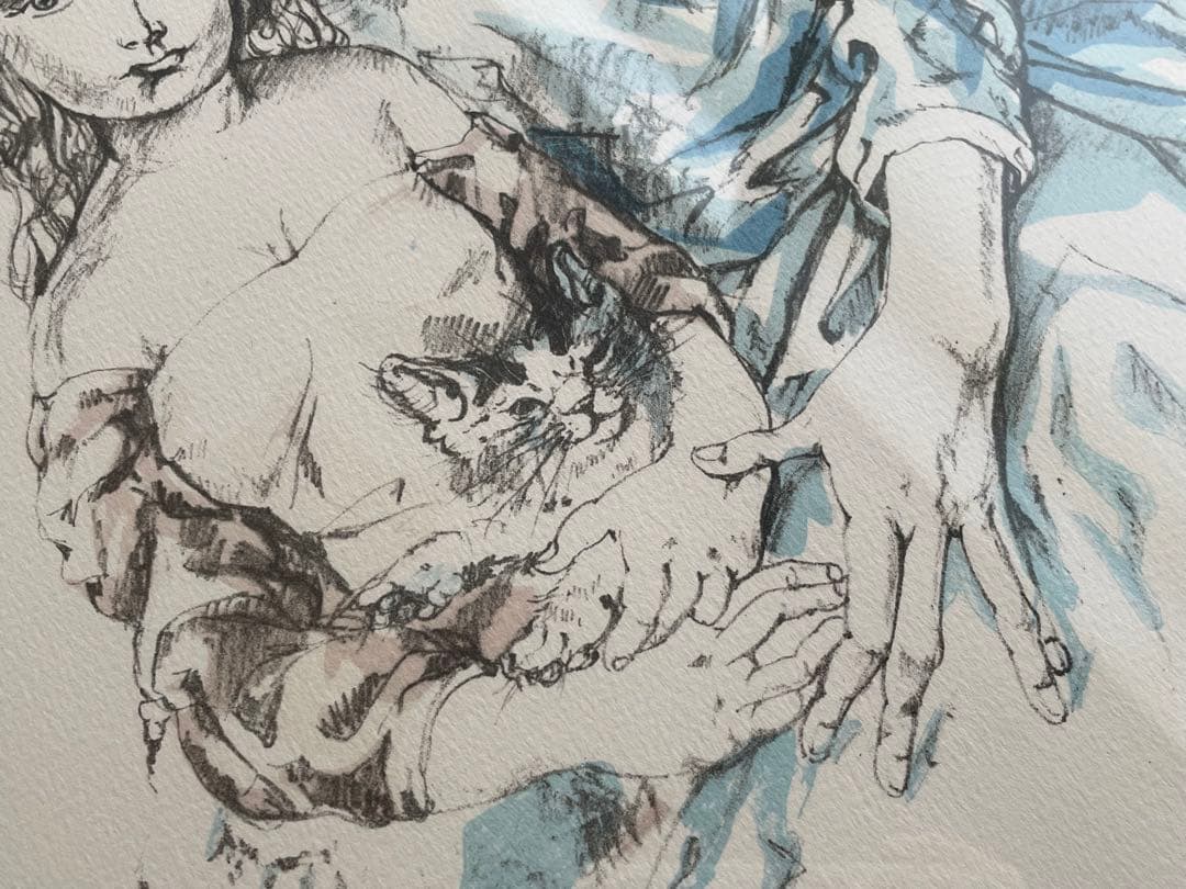 藤田嗣治　レオナール・フジタ　母子像　女性と子供　猫を抱く母子像　リトグラフ