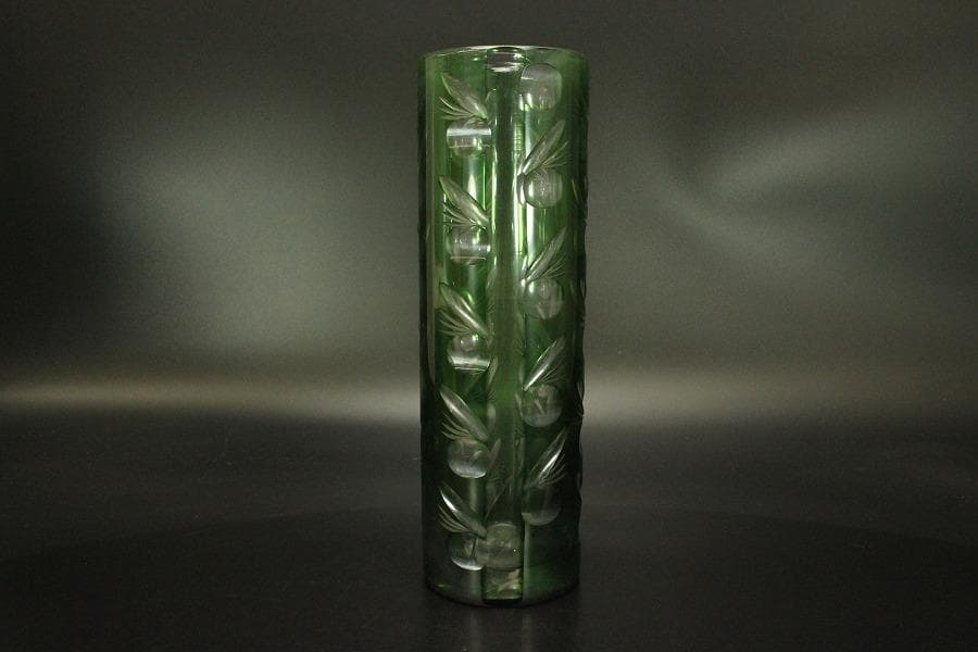 アンティーク 緑色 切子ガラス 花瓶(A962)