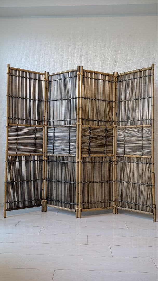 ラタン竹製パーティション 4パネル　パーテーション　おしゃれ部屋　アジアン　和風
