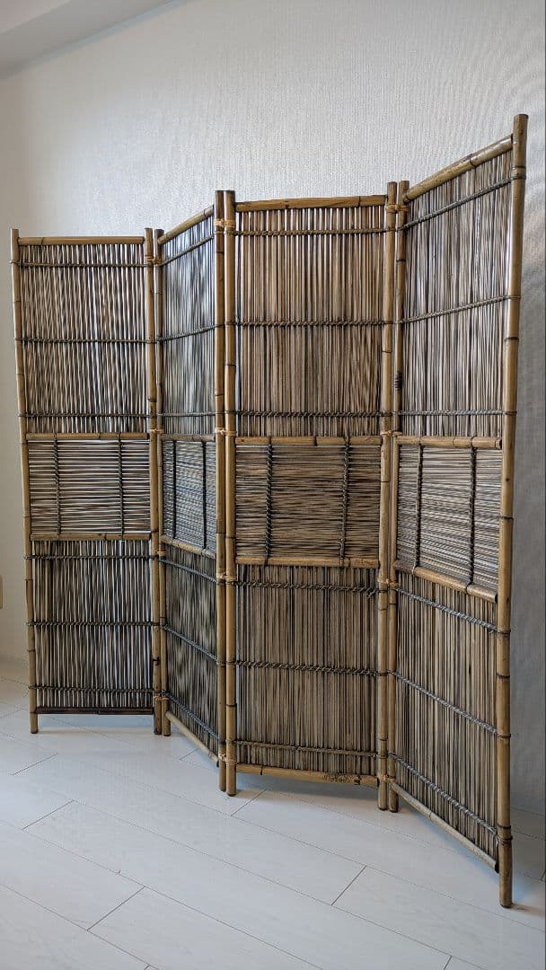 ラタン竹製パーティション 4パネル　パーテーション　おしゃれ部屋　アジアン　和風