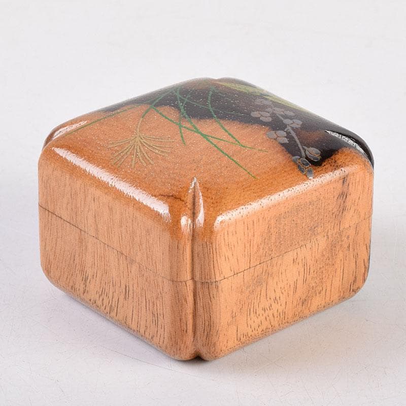 茶道具　中村宗悦作　草花蒔絵　黒柿角香合　共箱　V　8432