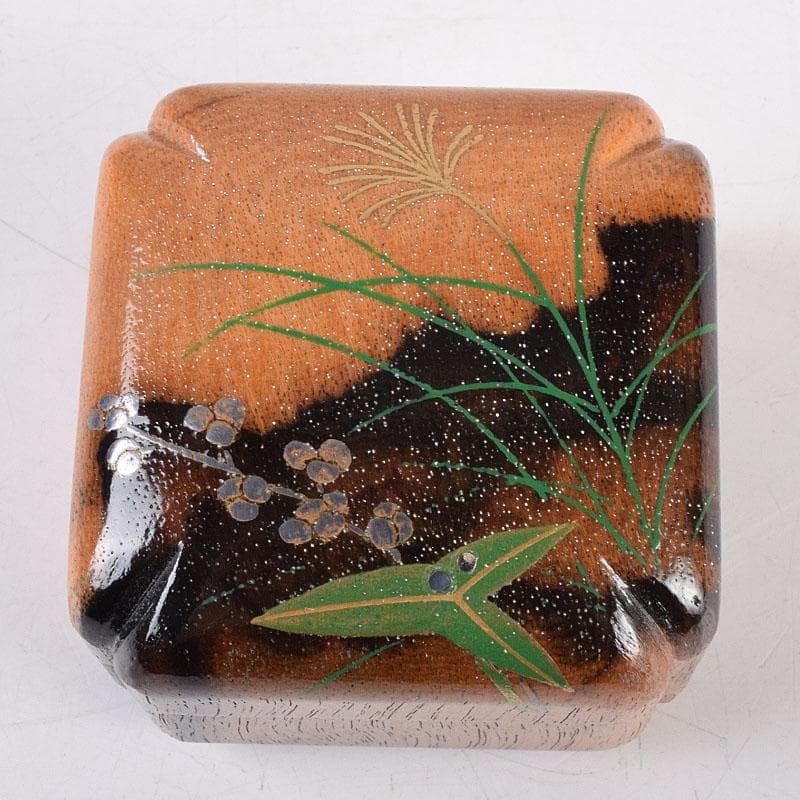 茶道具　中村宗悦作　草花蒔絵　黒柿角香合　共箱　V　8432