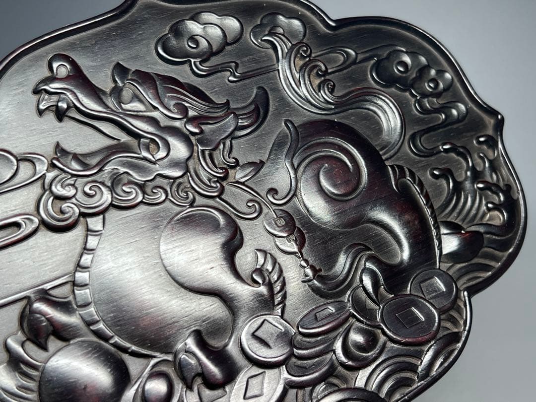 木製　小物入れ　紫檀　硯箱　香合　浮彫　神獣紋　極細工　文房具　中国美術　美品