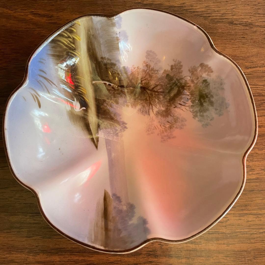 貴重品！オールドノリタケ　花びら型容器　ハンドペイント風景画アンティーク骨董明治